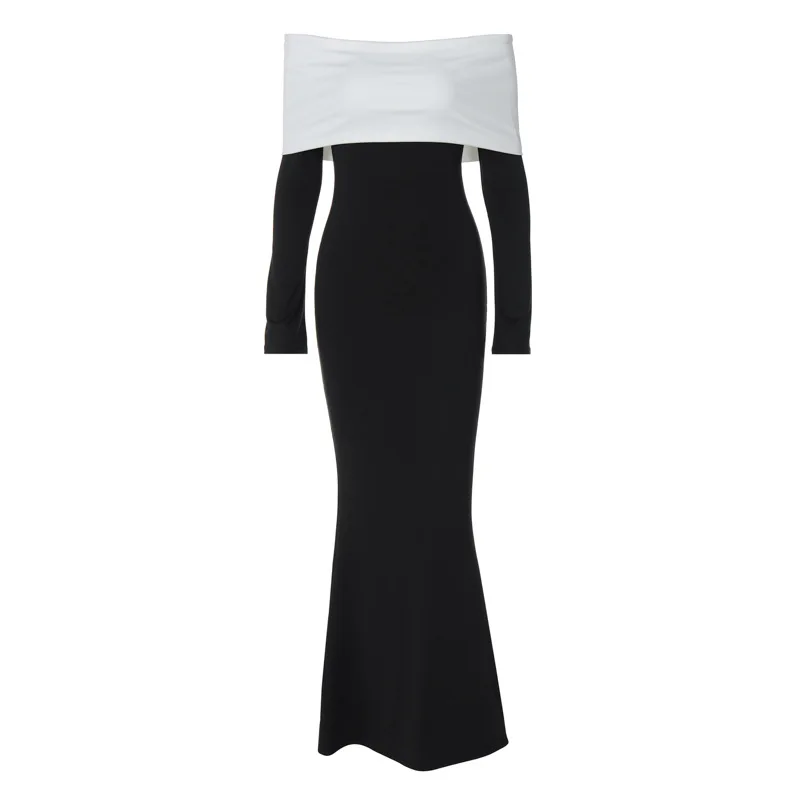 Moda francesa clássico bloco de cores em camadas sem alças manga comprida slim bodycon elegante vestido maxi