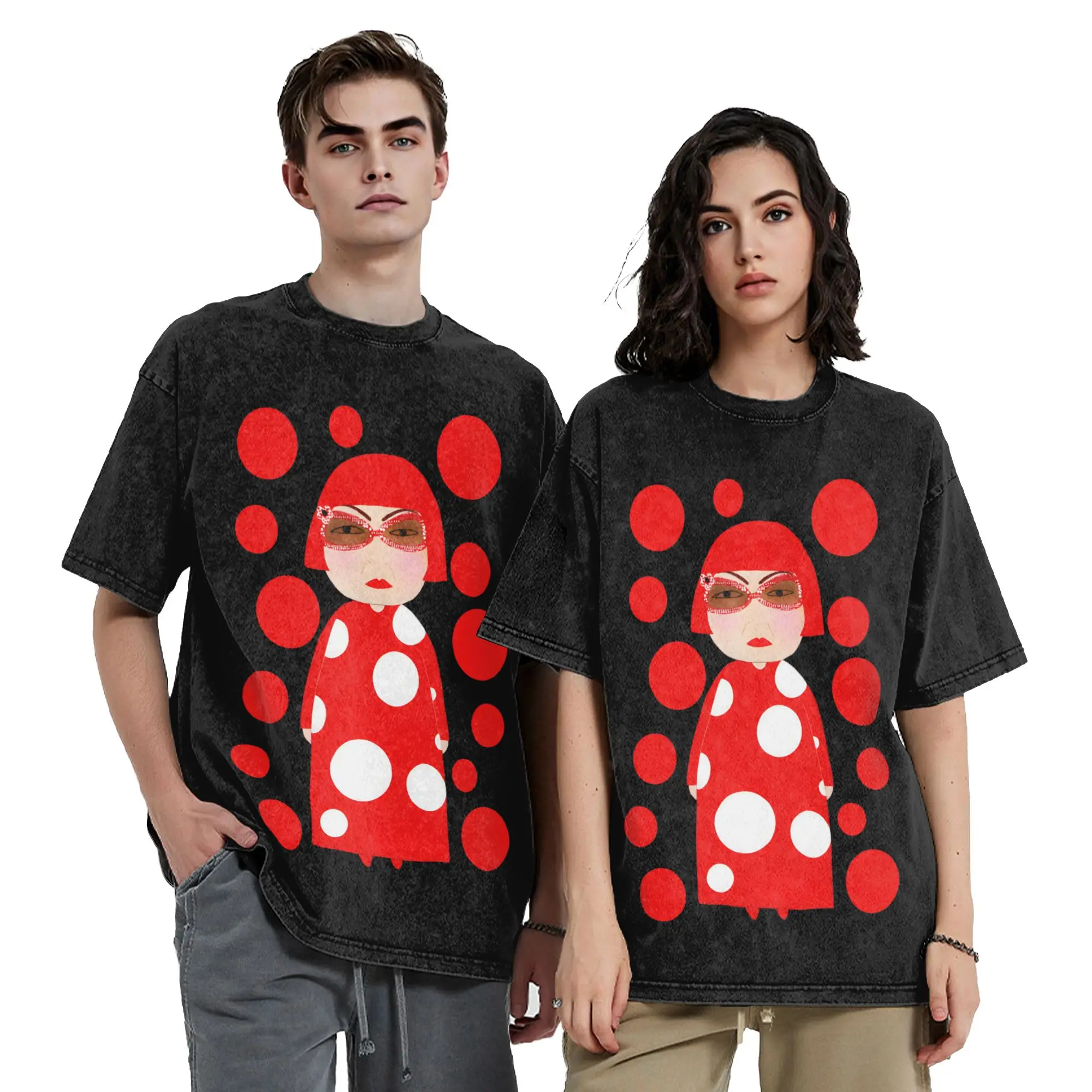 Red Dots Yayoi Kusama T Shirts Hip Hop Washed Cotton Oversize T-Shirt  Fashion Men Women Tops Streetwear Printed Tee Shirt