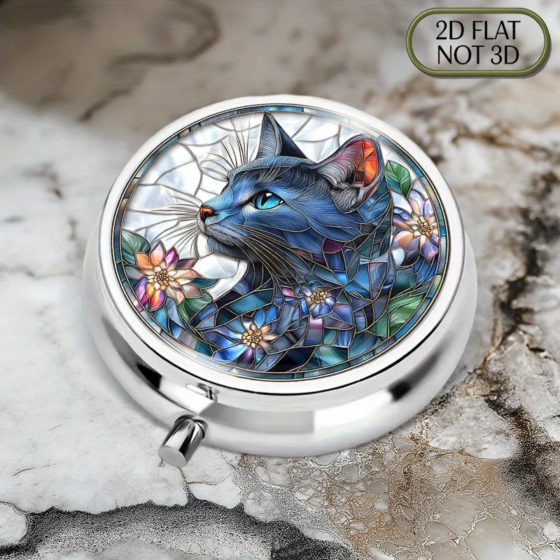 A flat, portable, round metal pill box, featuring an ultra-realistic shiny painted glass design, with a Russian cat pattern surrounded by a white background, suitable for storing medication, preserving vitamins, and multi-functional storage, flat style