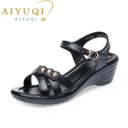 AIYUQI Women Sandals Summer 2024 Women shoes Genuine Leather Wedge Casual Large Size Middle-aged Mother Sandals Women