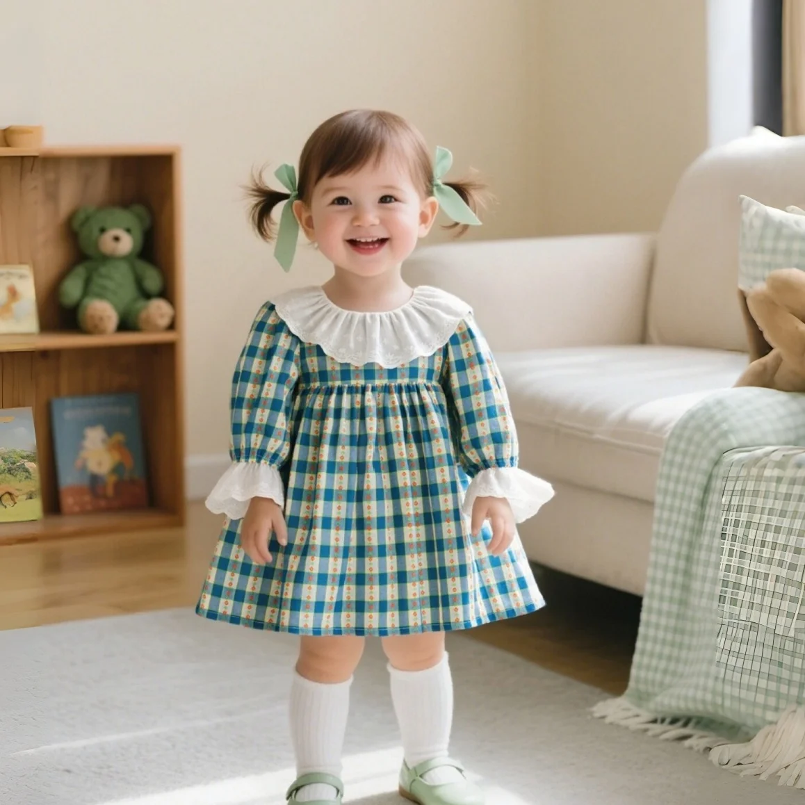 

Новое осенне-зимнее платье с длинными рукавами для маленьких девочек с синим клетчатым узором, повседневная детская одежда от 9 месяцев до 4 лет)