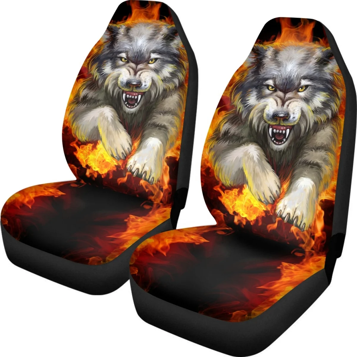 2Pcs Car Accessories Flame Cartoon Snow Wolf Pattern Car Seat Covers Set Comfort Material Stainless Steel Hook Car Accessories