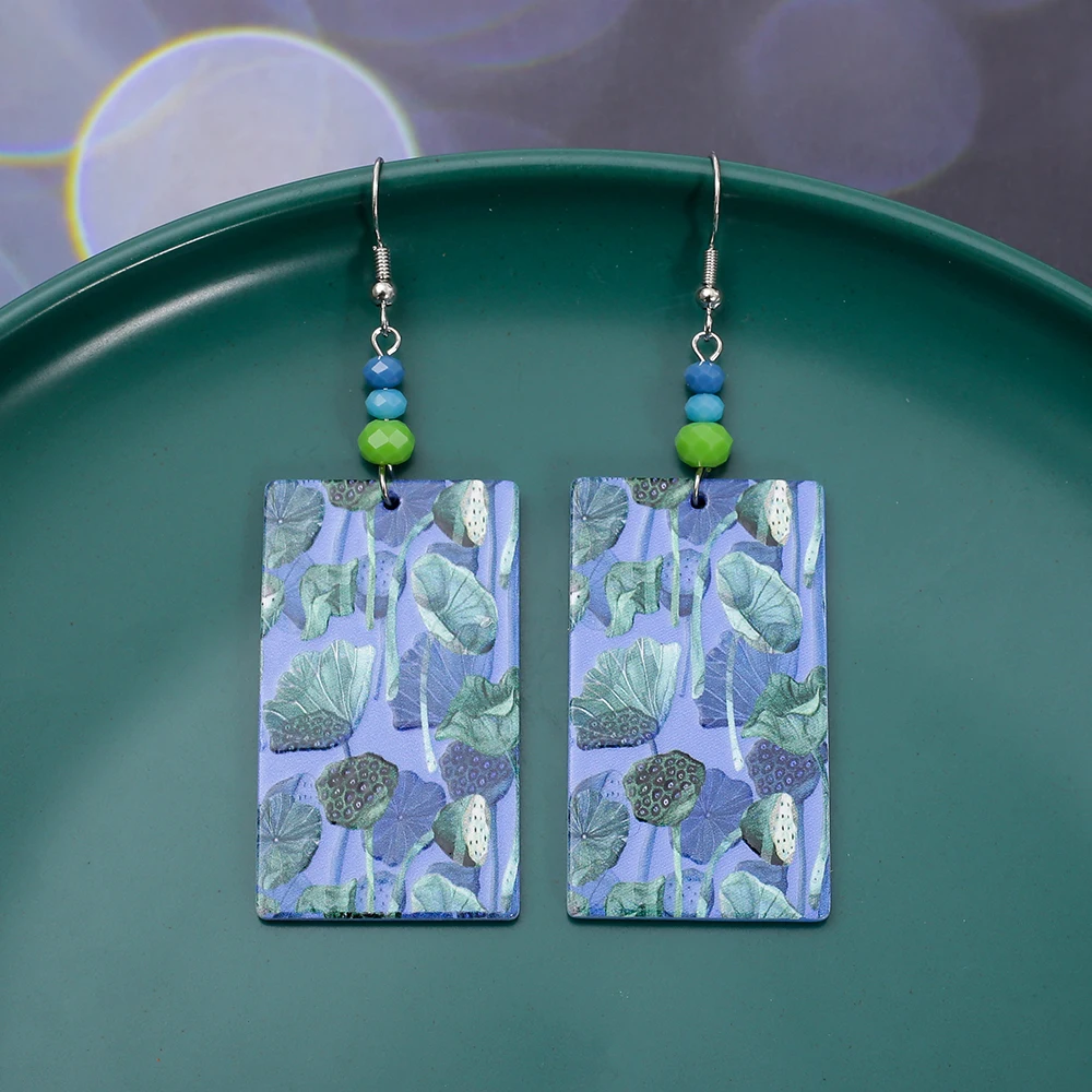 Fashion Green Blue Lotus Flower 3D Print Acrylic Women\'s Earrings Vintage Style Clothing Accessories Elegant Aesthetic Jewelry