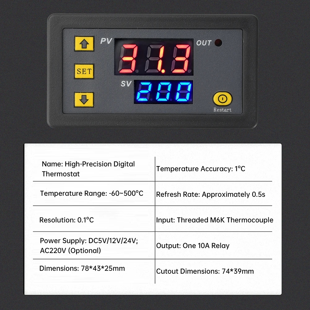W3230 5V 12V 24V AC110-220V Cavo sonda Regolatore di temperatura digitale Display a LED Termostato Misuratore di calore/raffreddamento
