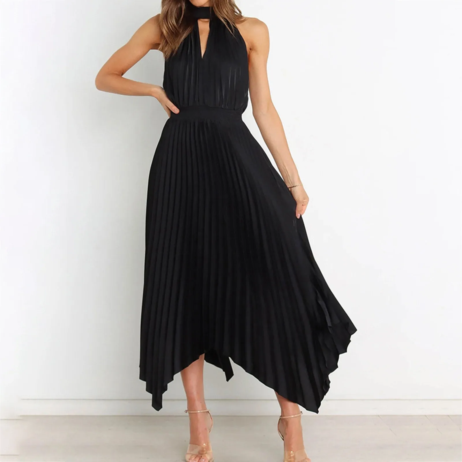 

Women Fashion Pleated Solid Irregular Dress Summer Sleeveless Halter Neck V Neck Tunic Party Long Dress Streetwear Vestidos