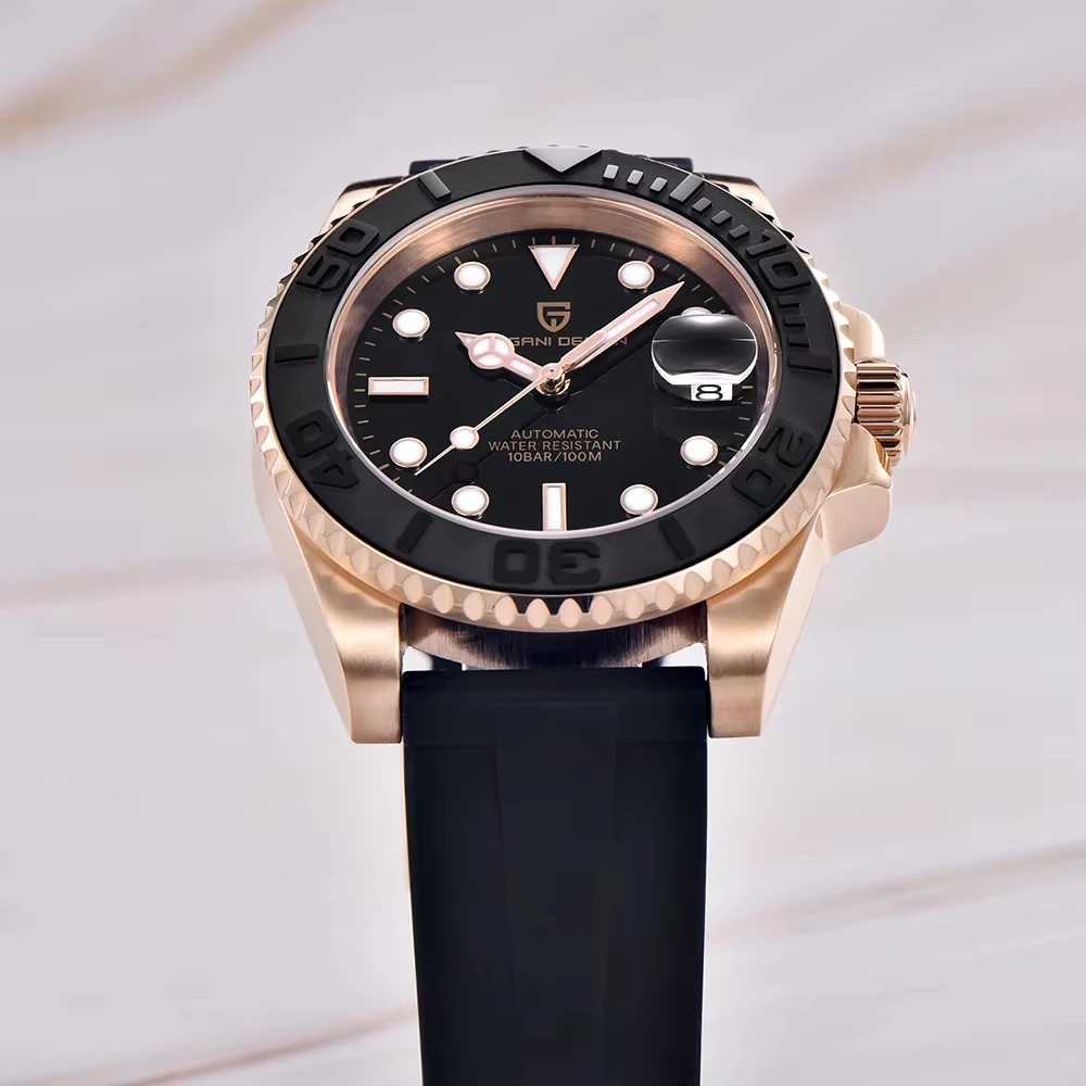 Hot Top PAGANI DESIGN Men Automatic Mechanical Watch Rose Gold Case Black Rubber Strap Dive Watch Sapphire Glass 100M Waterproof Luminous Date Sport Mens Wristwatch Relogio Masculino