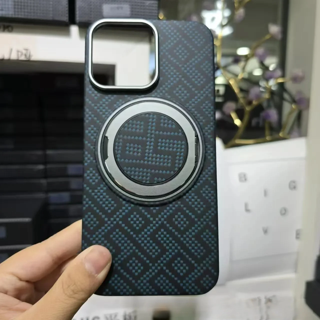 Genuine Carbon Fiber Phone Case, Thin Aramid Fiber, Braided 360 Rotating Ring Holder, iPhone 16, 15 Pro Max