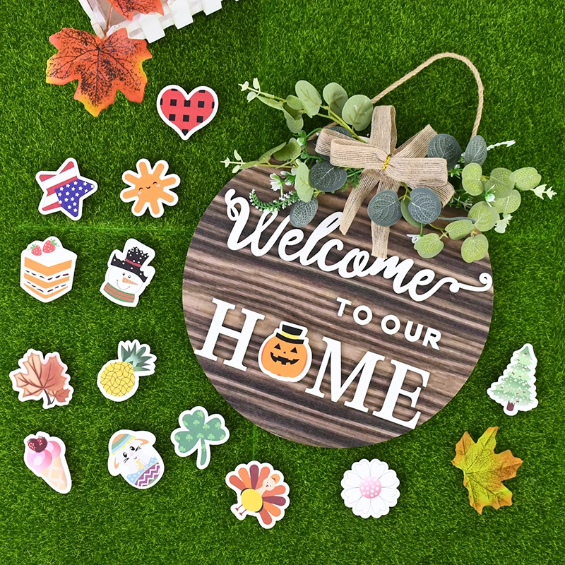 

1set Welcome Sign Front Door Decoration, Rustic Round Wood Wreaths Wall Hanging Wall Background Decor Pendant Halloween Supplies