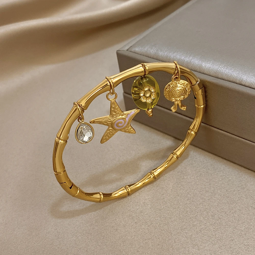 Y2k الشرير أساور استانليس ستيل جديد نجم البحر زهرة الاكريليك قلادة الخيزران الكفة الإسورة اليومية مقاوم للماء حُليات المجوهرات