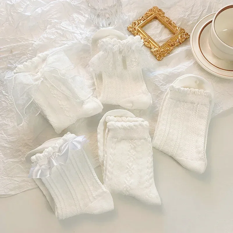 Lolita Socks White Bow Lace Socks Middle Tube Japanese College Style Princess Socks Sweet JK Streetwear Hosiery 5Pairs