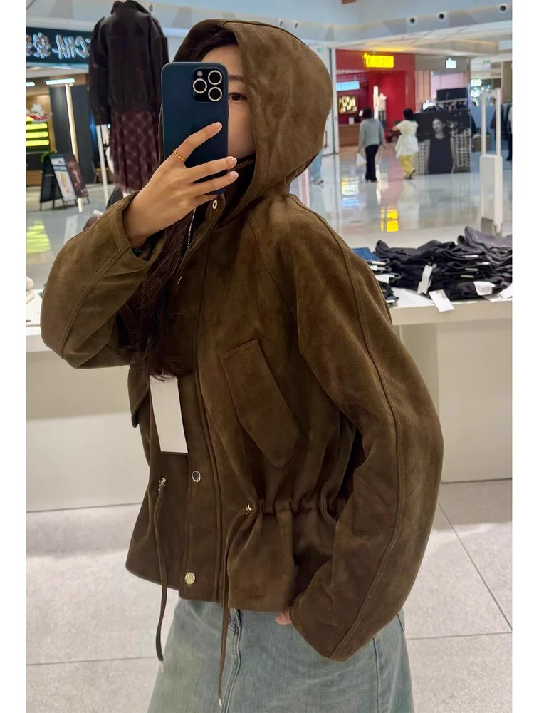 

American Sle Loose Fit Hooded Faux Suede Jaet Women's Casual Stand Collar Zipper Closure Long Sve Color Coat