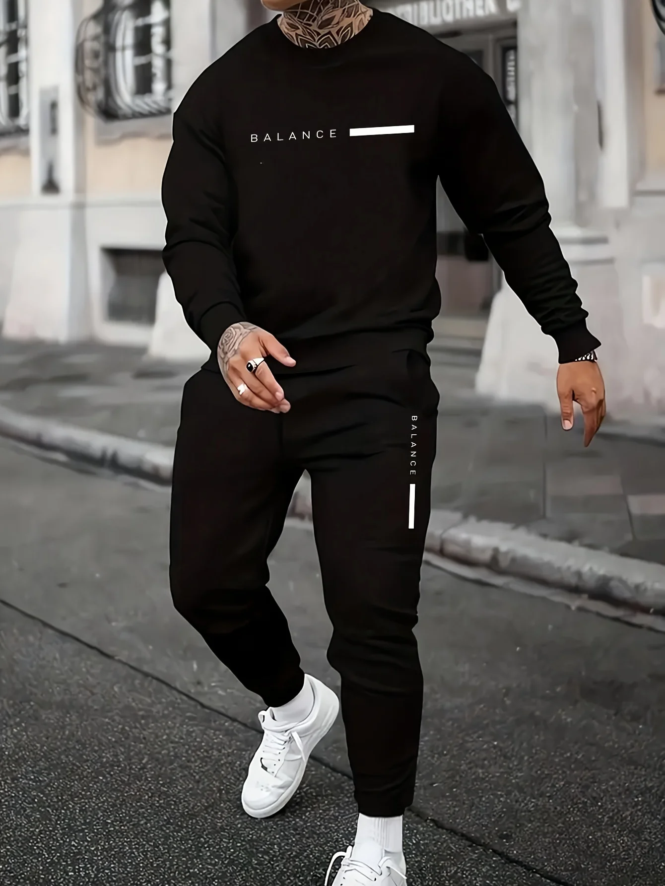 Men's autumn and winter casual BALANCE letter  Print loose and plush thick round neck sweatshirt+sports pants set