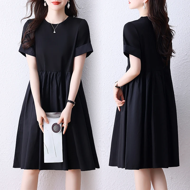 Women Black T-shirt Dresses Summer Female O Neck Short Sleeve Large Size 5XL Elegant A Line Black Loose Cotton Polyester Vestido