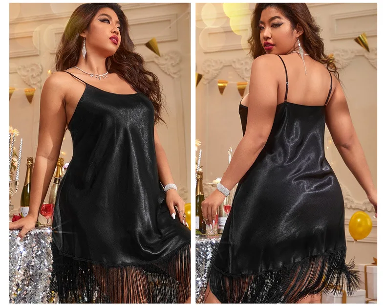 Plus Size 5XL Female Nightgown Sleepwear Sexy Black Tassels Spaghetti Strap Nightdress Nightwear Loose Silk Satin Home Dress