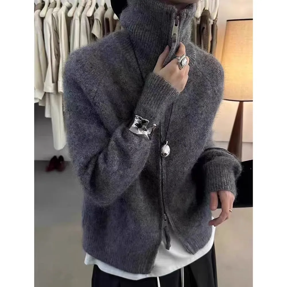 

European-style double zipper 100%wool cardigan women high neck loose cashmere sweater knitted sweater thickened coat