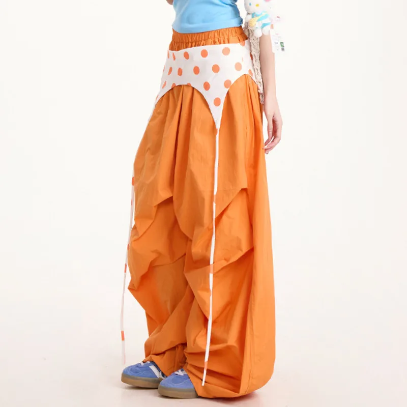 HKSH 봄 가을 신상 여성용 와이드 레그 팬츠 엘라스틱 웨이스트 컬러 블록 플리츠 아메리칸 레트로 Y2K 트렌드 HK16104