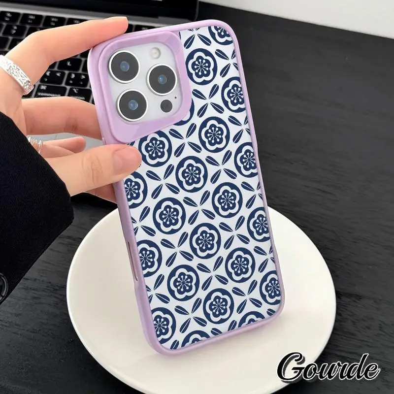 

Gourde Elegant Blue White Flowers Colorful Border Hard Phone Case for iPhone 16 14 15 Plus 12 13 17 Pro Max Shockproof Cover
