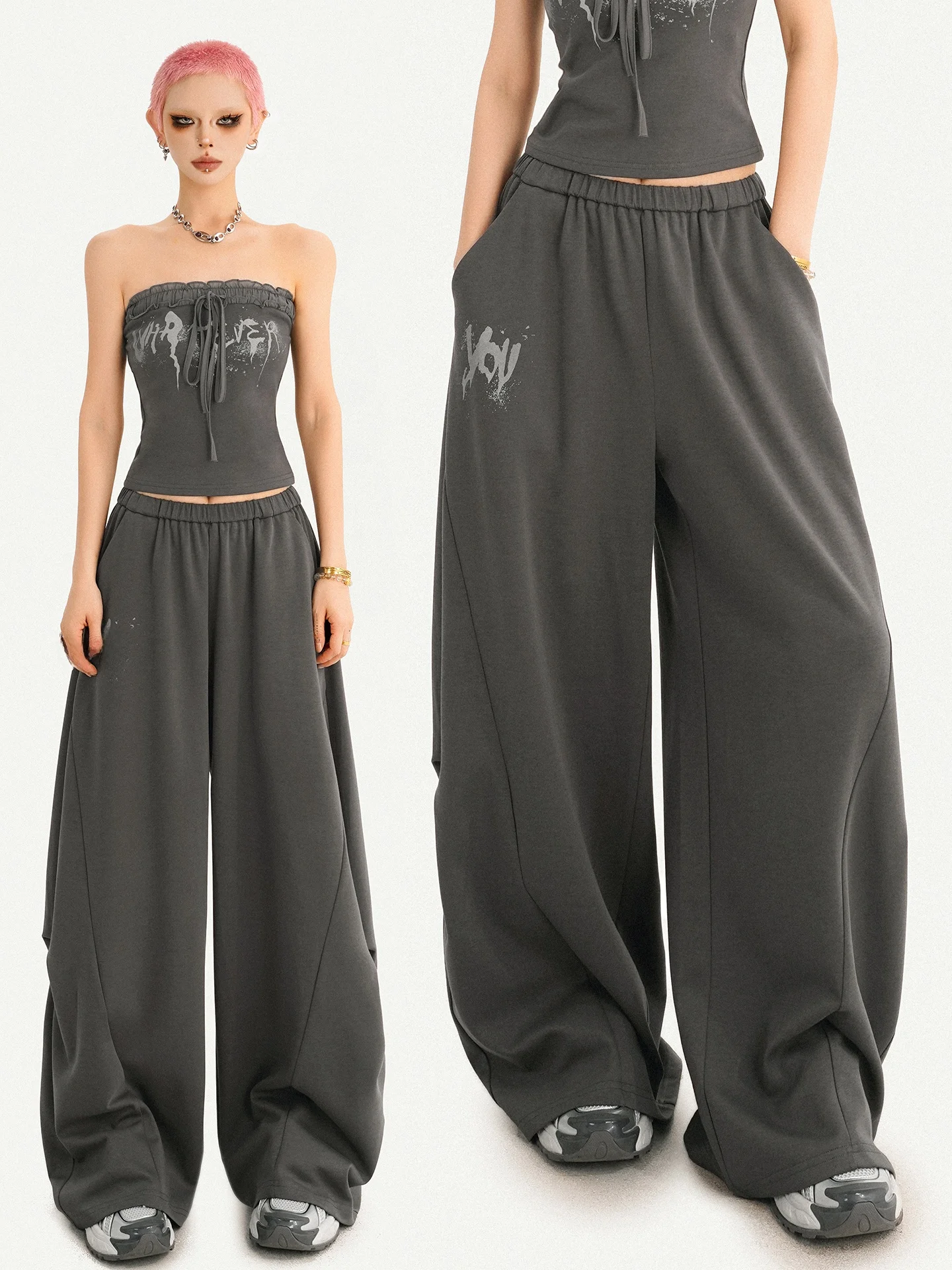 

Retro American Loose Wide Leg Pants Women Casual Drapey Grey Sweatpants Long Trousers Summer Design Comfortable Loose Fit