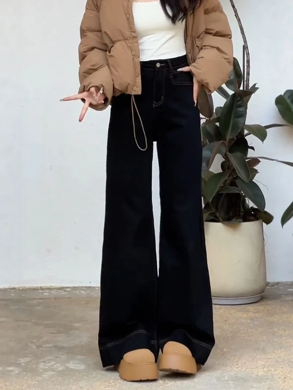 

Bla Fce Lined Thi Wide Leg Denim Jeans Women's High Waist Slimming Straight Pants Spring Faion plus Size