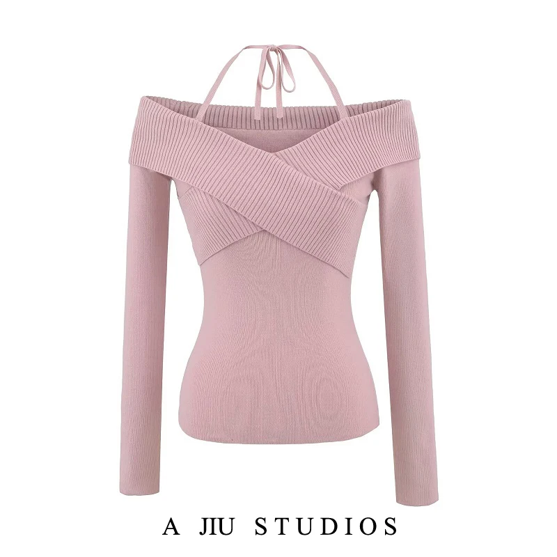 Rosa One-Shoulder-Strickpullover Damen Frühling Herbst Slim Fit Inner Wear Base IRT Ort Top Pure Desire Sle
