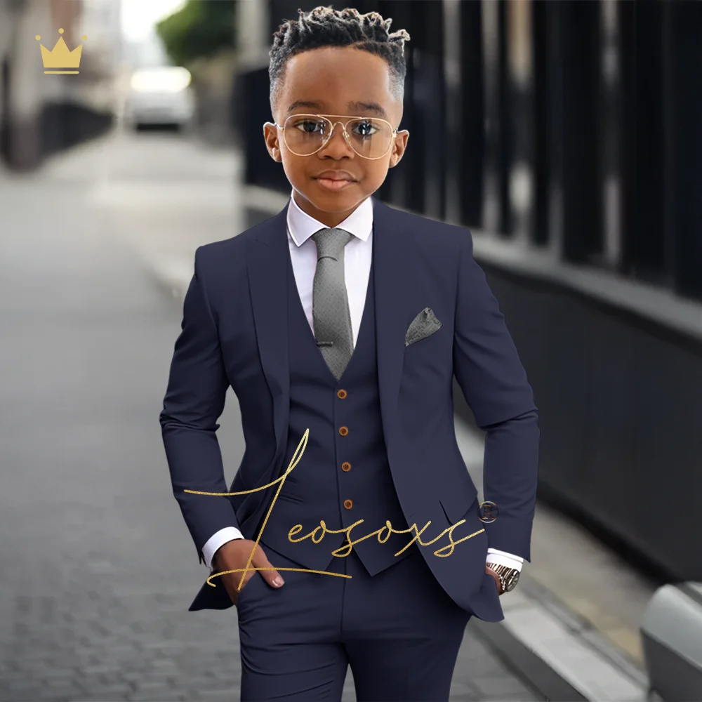 

Navy Blue Kids Suit 3-Piece Set, Wedding Host Birthday Party Outfit for Boys, Formal Wear for Photography and Events