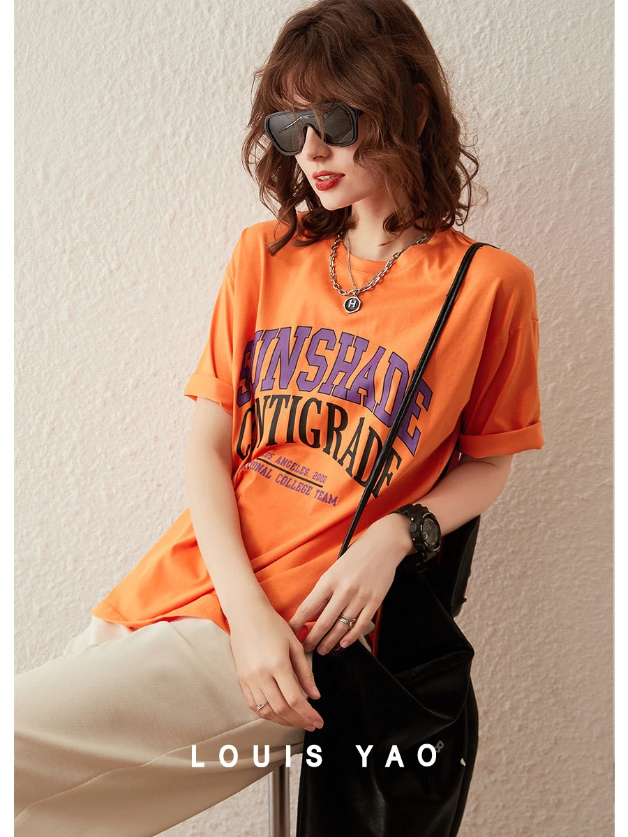 LOUIS YAO Women T-shirt 2024 Summer Round Neck Short Sleeve Loose Fit Casual Drop Shoulder Sleeve Print Letter Sweatshirt Tops