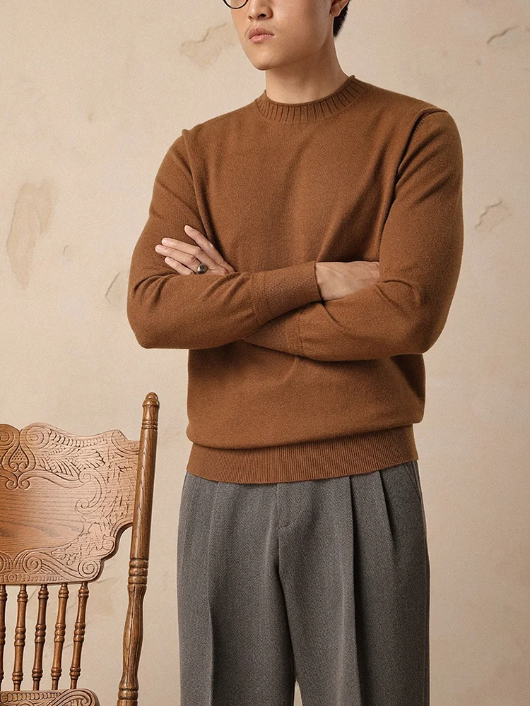 

Теплый шерстяной мужской вязаный свитер с круглым вырезом, приталенный, для делового и повседневного стиля, не требует глажки, зимний базовый слой