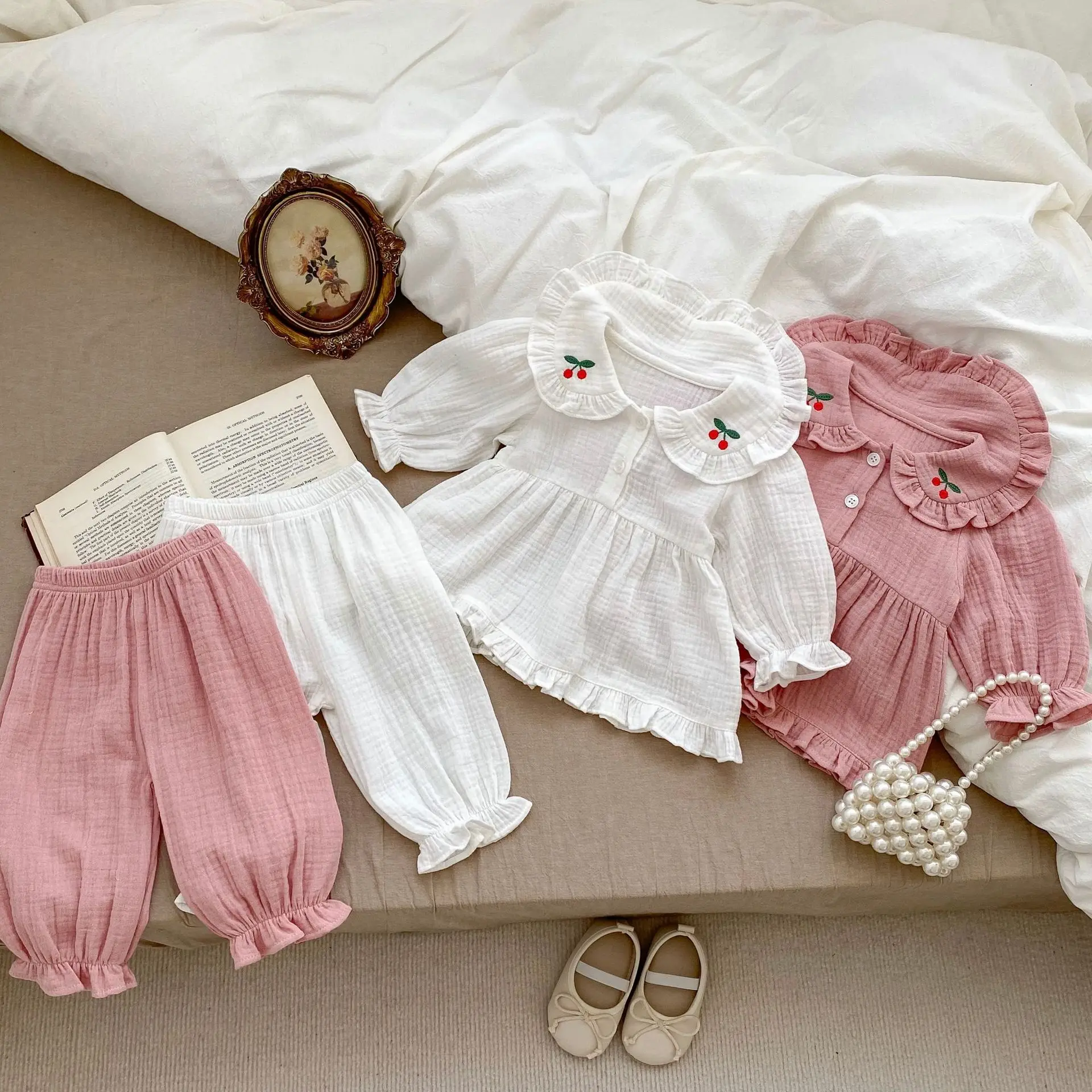 2024 Autumn Spring Baby Girls 2PCS Pajamas Set Cotton Cherry Loose Tops Solid Soft Breathable Pants Suit Toddler Girls Sleepsuit