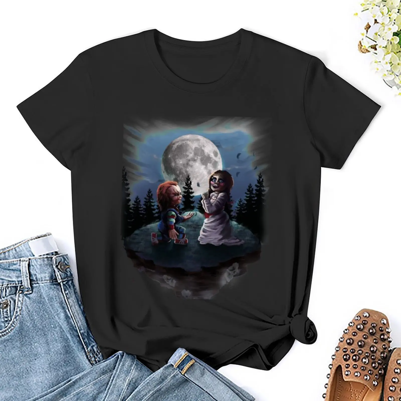 Chucky vs annabelle t-shirt para as mulheres, top engraçado manga curta, ariat camisas para o verão