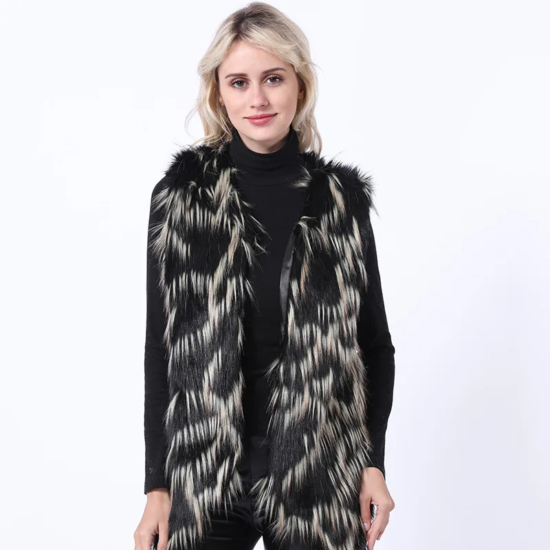 

Women Winter Artificial Fur Vest Color Blocked Quilted Slim Female Faux Fur Caridigan Instagram-Style Lady Eco Fur Coat