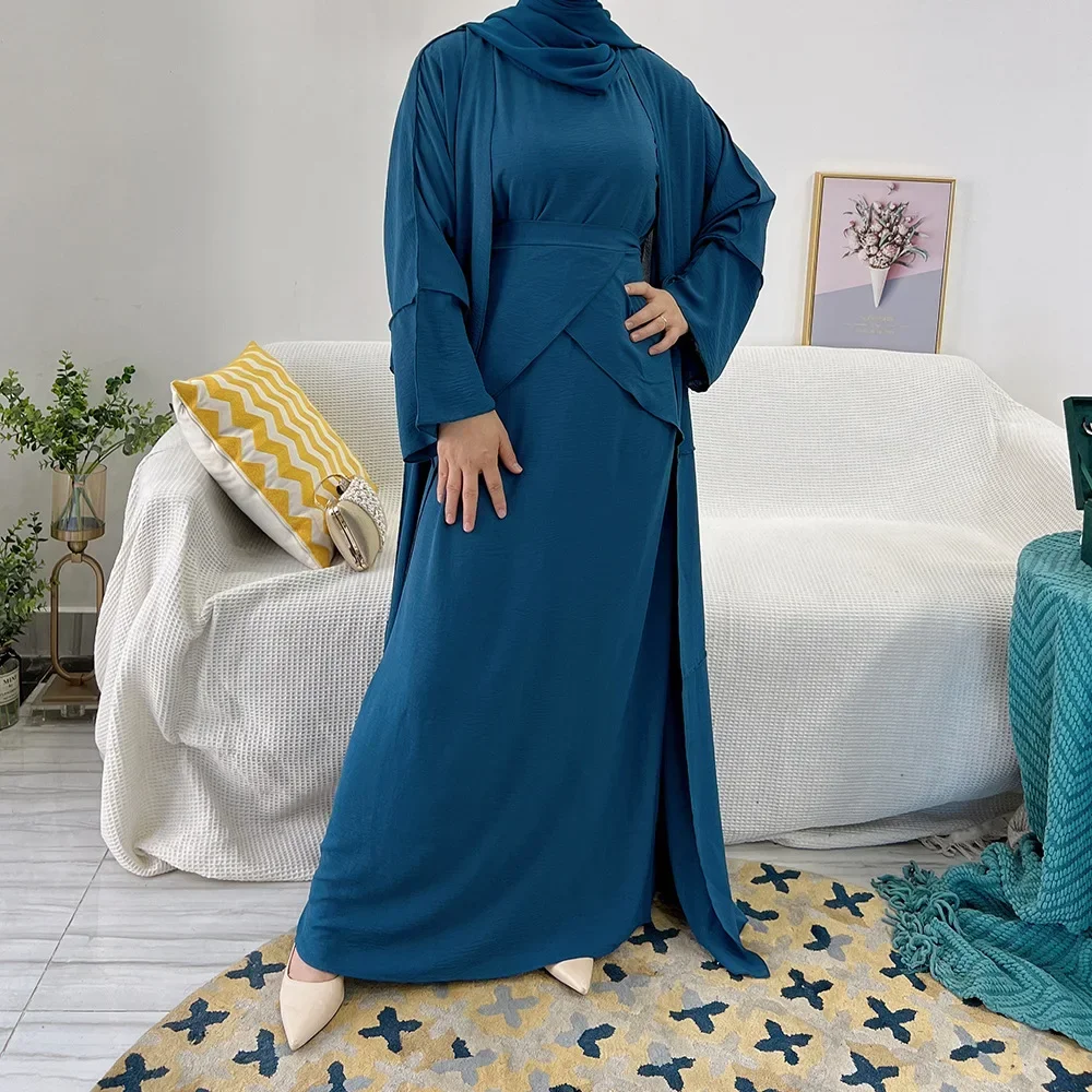 Muslim Woman Set 3 Piece Open Abaya Hijab Dress Wrap Skirt Dubai Turkish Prayer Modest Islamic Clothing Sets Ensembles Musulmans