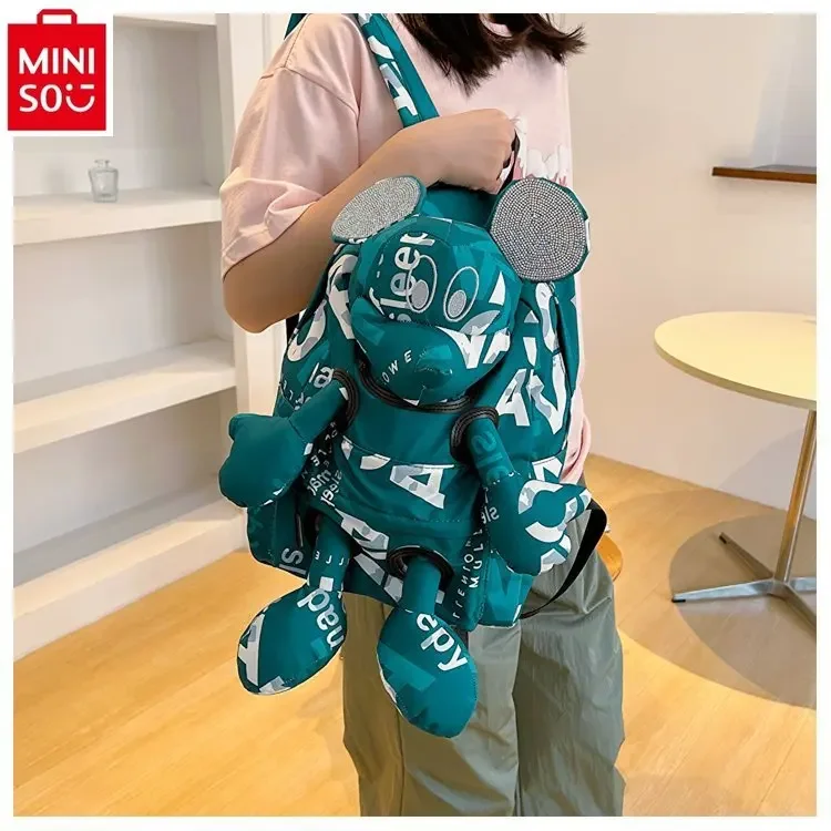 MINISO 디즈니 트렌디한 레터 대비 다이아몬드 미키 인형 배낭 여성용, 대용량 나일론 다기능 수납 가방