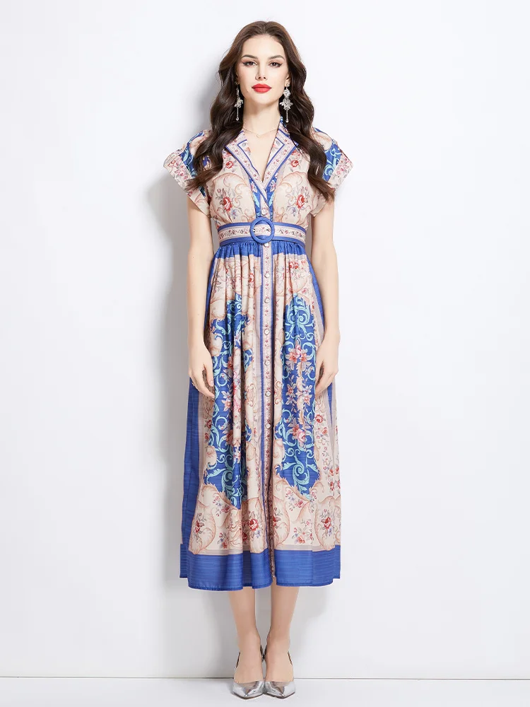 

2025 Summer New Notched Collar Short Sleeve Floral Oil Painting Style Printed Long Maxi Dresses Women