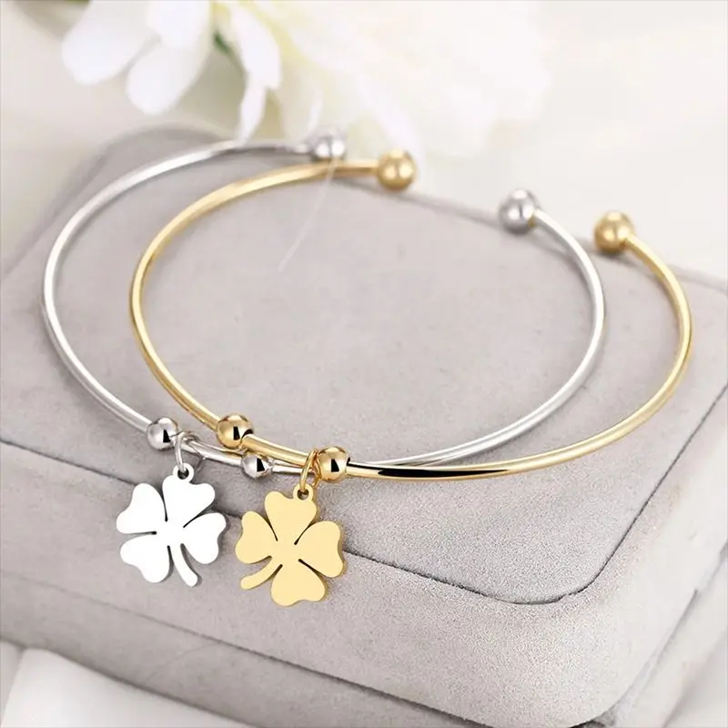 Lucky Four Leaf Clover Stainless Steel Open Adjustable Bracelet Women Gold Couple Bracelet Holiday Gift Party Daily Jewelry