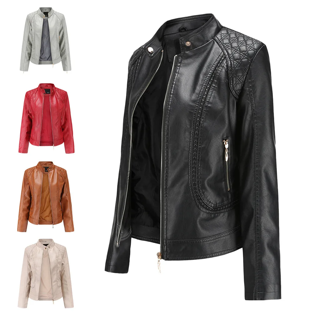 

Nice Pop spring and autumn temperament European and American large stand collar PU leather women's leather jacket