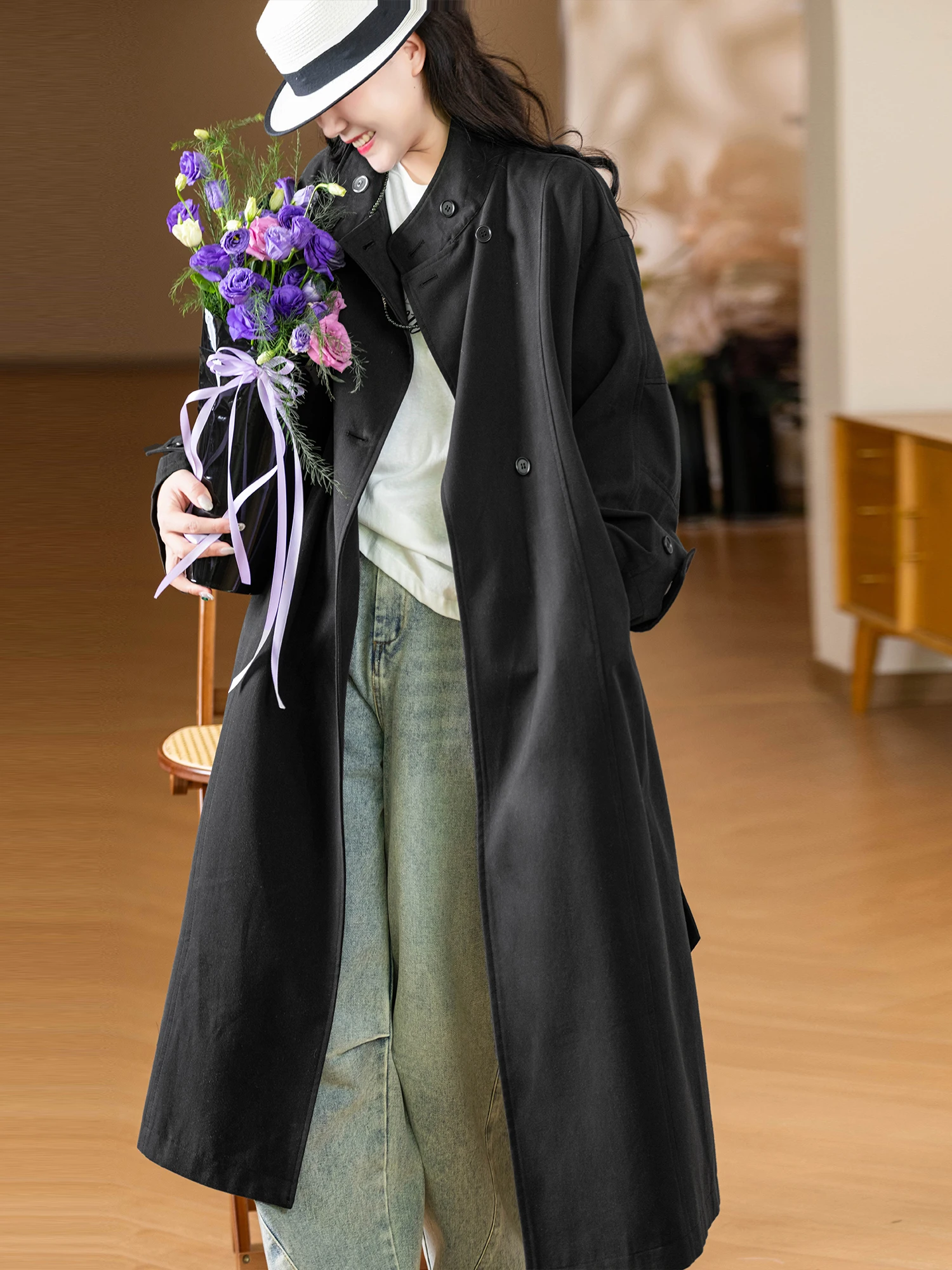 

Пальто Heavyweight от Little Ear Soft Mist: из лиоцелла и хлопка, с длинными лацканами, тщательно продуманный дизайн, корейский стиль, свободный крой, длинный рукав.