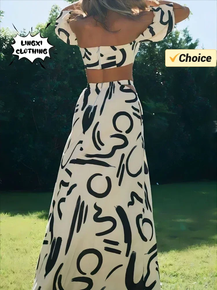 New Elegant Women's Set Short Bubble Sleeve Top Hollow Large Swing Long Dress Split Body Dress Style Fashion Two Piece Set