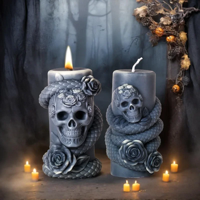 Skull Head Cylinder Candle Silicone Mold Flower Relief Cylinder Resin Gypsum Mould Snake Head Cylinder Molds Halloween Gift