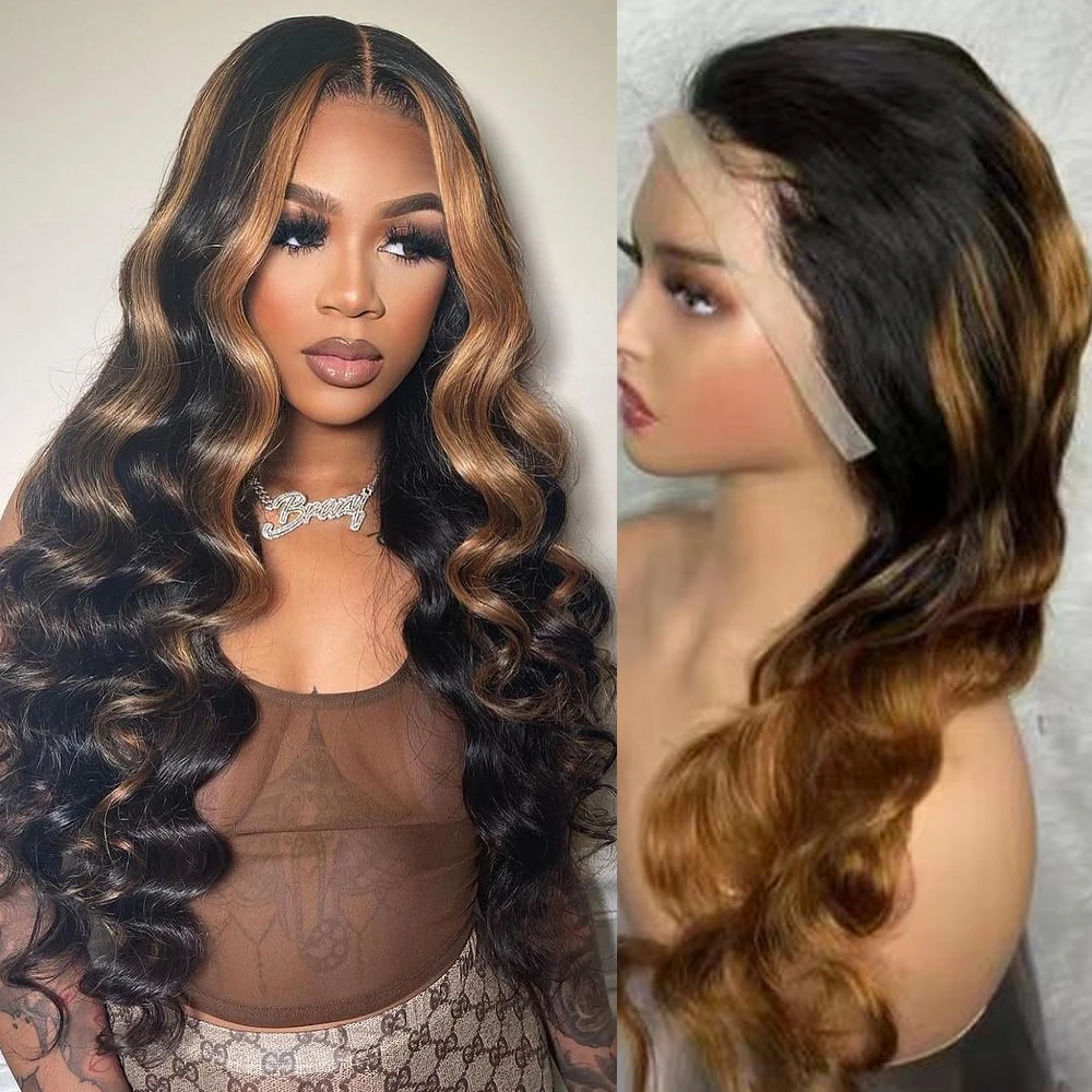 Highlights 30# Body Wave Wig 13x4 Lace Front Wig Black Wig with Brown Color 13x6 Lace Frontal Human Hair Wigs For Women 30 Inch