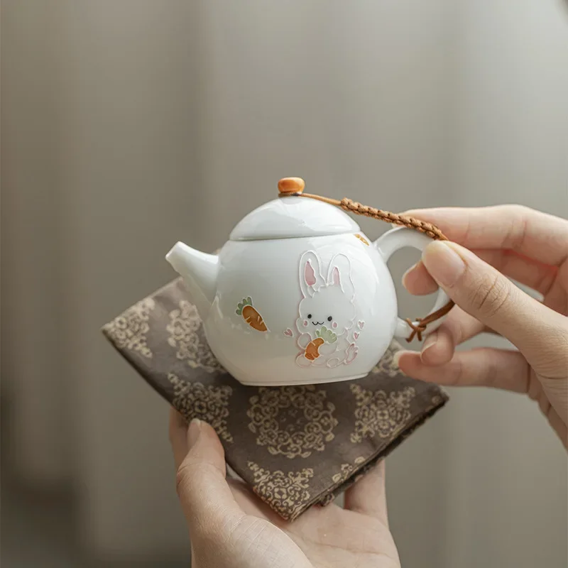 110ML Jade Mud White Porcelain Hand-painted Cute Rabbit Small Teapot KungFu TeaSet Household Ball Hole Filter Hand-held TeaPot