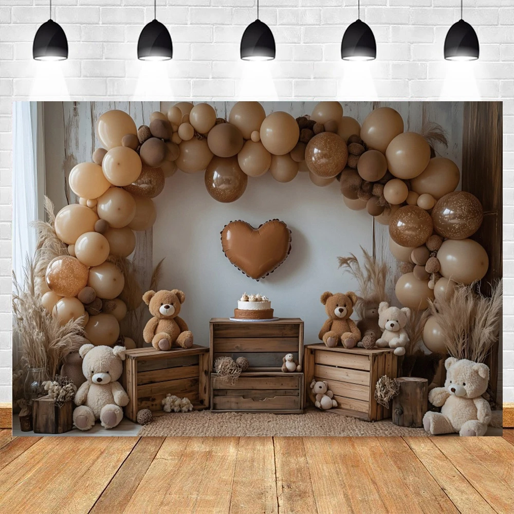 Baby 1st Birthday Backdrop Bohemian Pampas Toy Bear Brown Arch Balloon Kids Birthday Party Cake Smash Photography Background