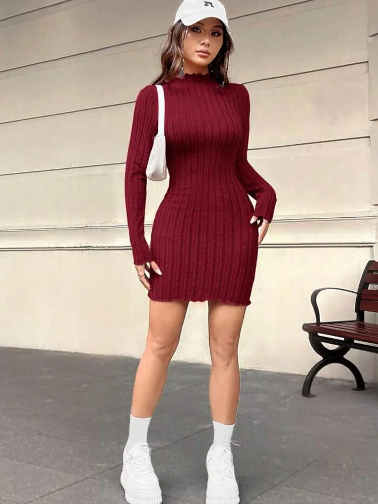 Knitted Turtleneck Bodycon Mini Dresses Women Sexy Slim Fit Solid Long Sleeved Dress Female Autumn Winter Chic High Street Robes