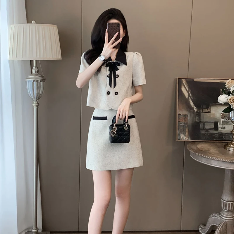 Woman's Spring Fragrance Short Sleeve Lapel Tweed Blazer Skirt Suit Retro Bow Tie Double-breasted Suit Overskirt Two-piece Sets