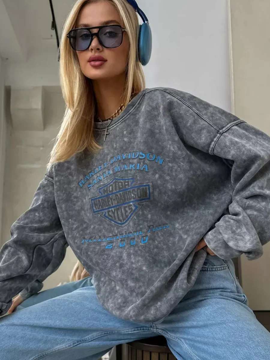 High Street American Retro Old Washed Black Oversize Round Neck Sweatshirt Fashionable Simple Loose Top Trendy Women Clothing