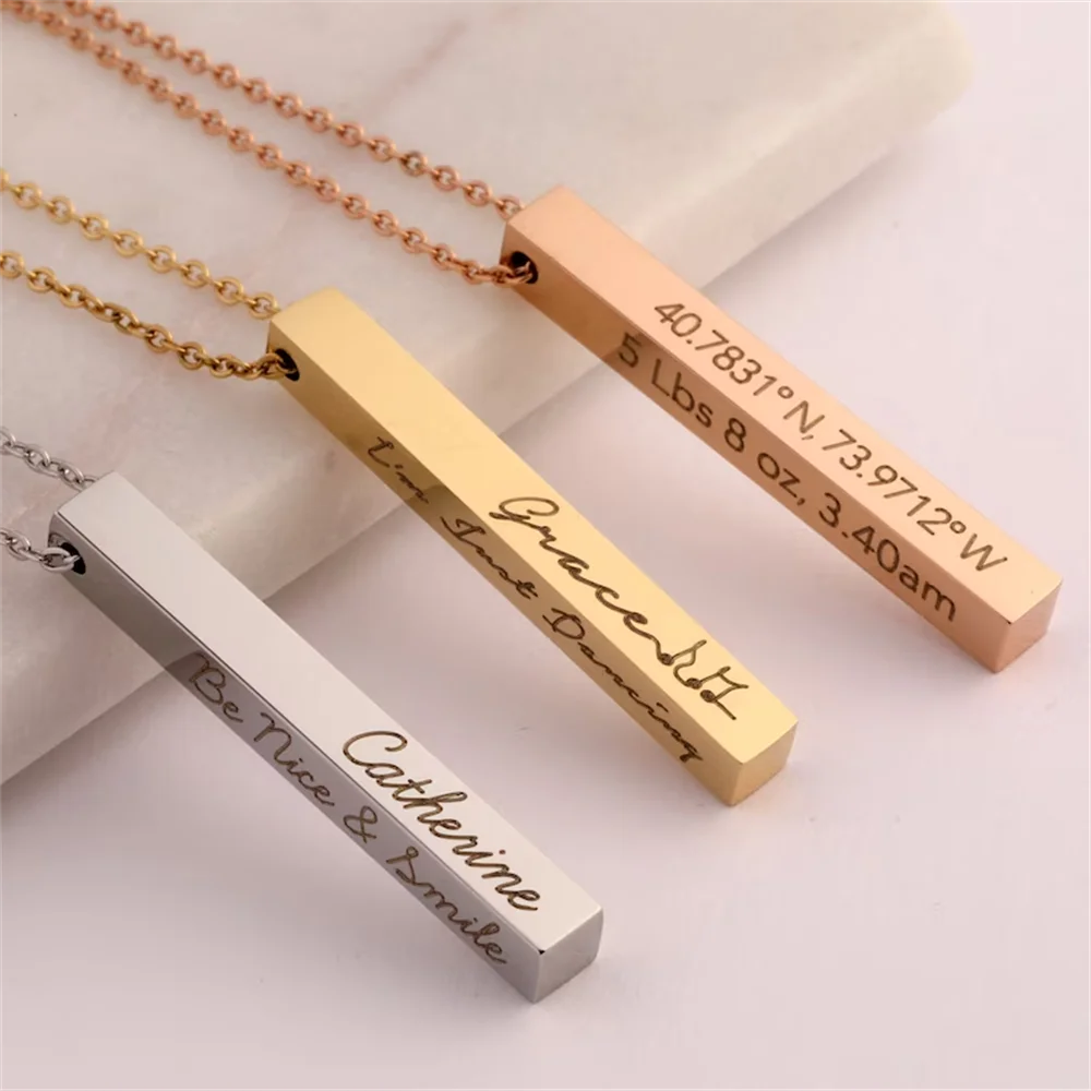 

Name Engraved Necklace Vertical Bar Necklace for Women Personalized Date, Name Engraved Necklace Gold Silver Name Necklace Bar