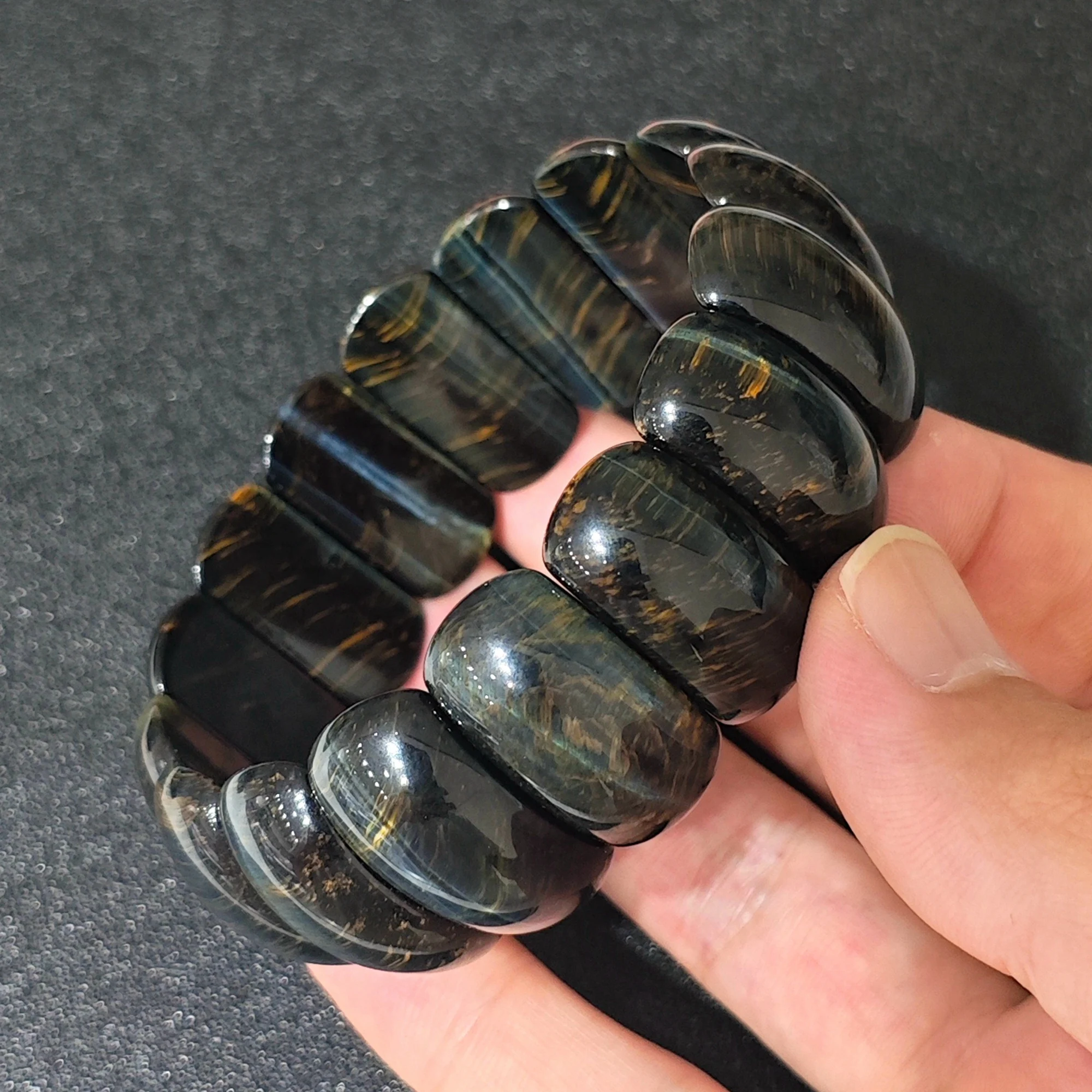 Unisex Statement Blue Tiger Eye Bracelet 25mm Wide Block Tile Segment Bangle Gemstone Crystal Stretchband Heavy Gift 16-22cm