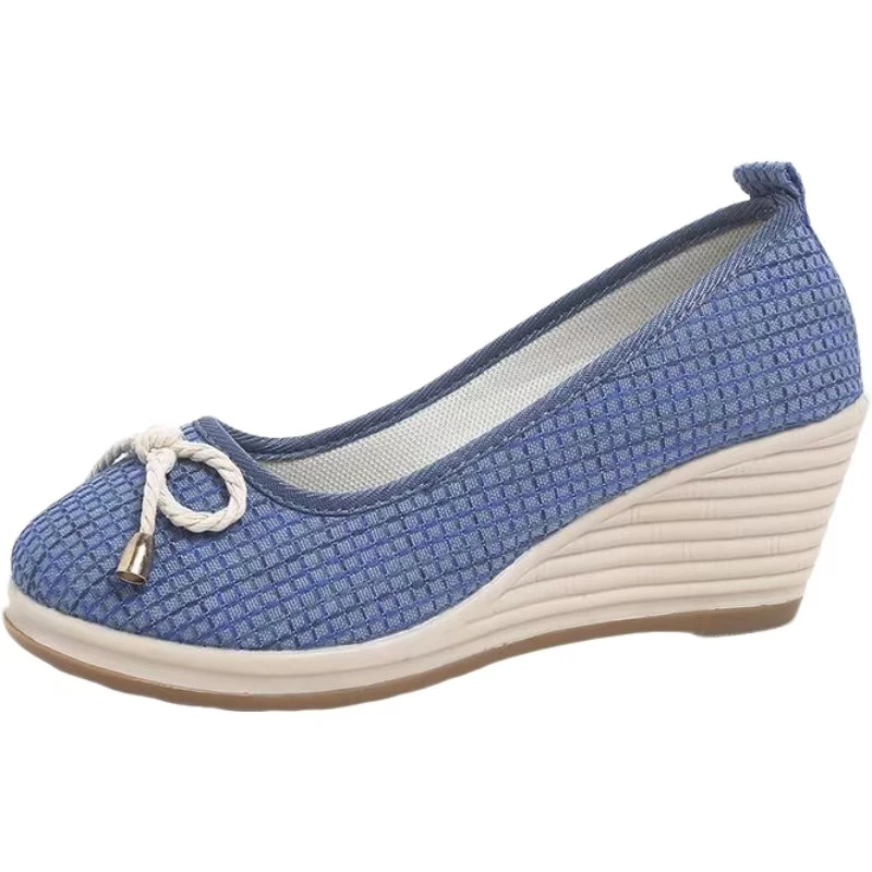 2026 New Women Wedges Big Size Cloth Shoes Spring Autumn New Soft sole Round Toe Shallow Slip On Bowknot High Heel Nude Shoes view 3
