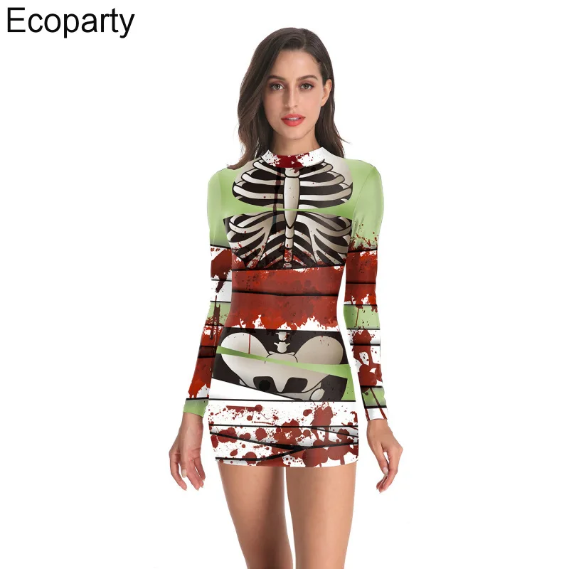 Halloween Women's 3D Printed Scary Skeleton Bloody Zombie Cosplay Costumes Horror Nurse Role-Play Slim Sexy Mini Dress Funny Set