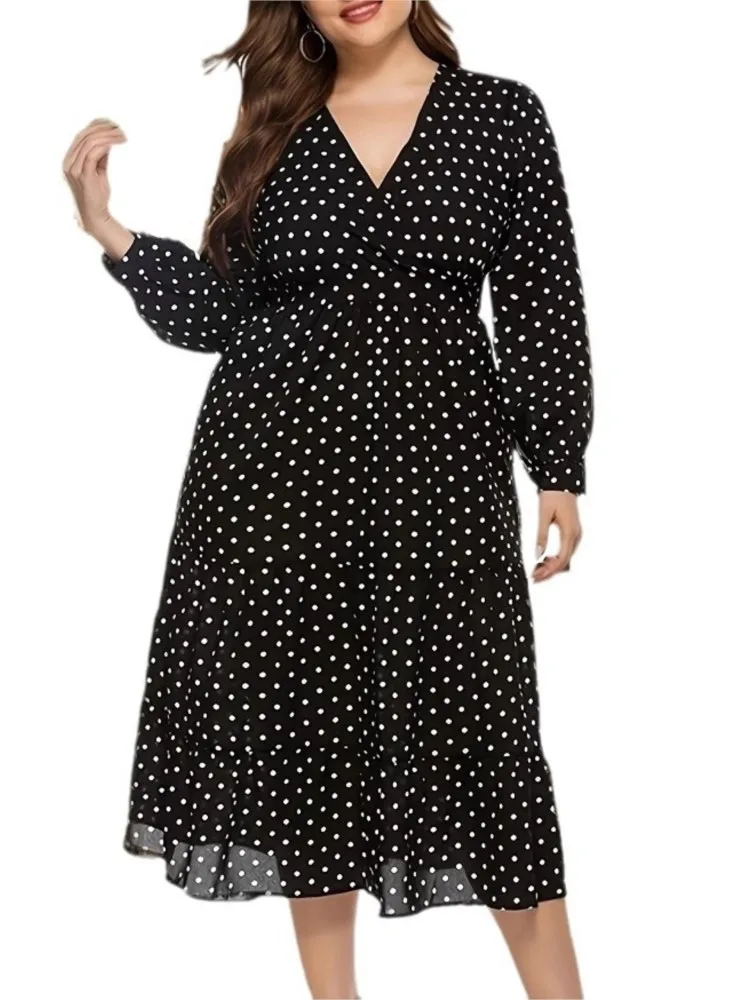 Plus Size Autumn Polka Dot Print V-Neck Dress Women Ruffle Pleated Fashion Slim High Waist Ladies Dresses Loose Woman Dress