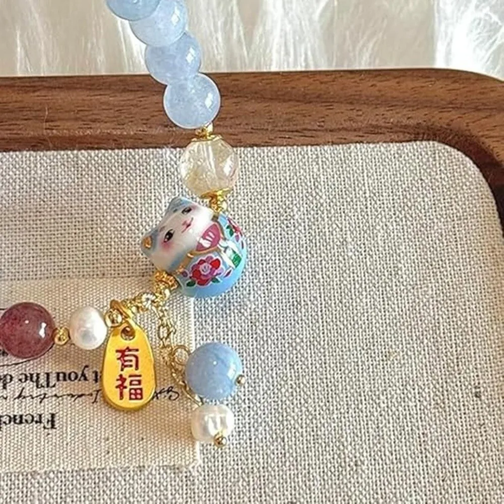 New Blue Crystal Lucky Cat Bracelet Ceramic Cat Pendant Cute Good Luck Jewelry Fortune Bracelet Fortune Enhancement